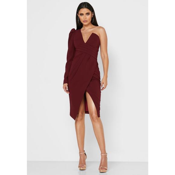 LAVISH ALICE Ruched One Sleeve Burgundy Wrap Detail Cocktail Dress US 2 - Picture 1 of 11